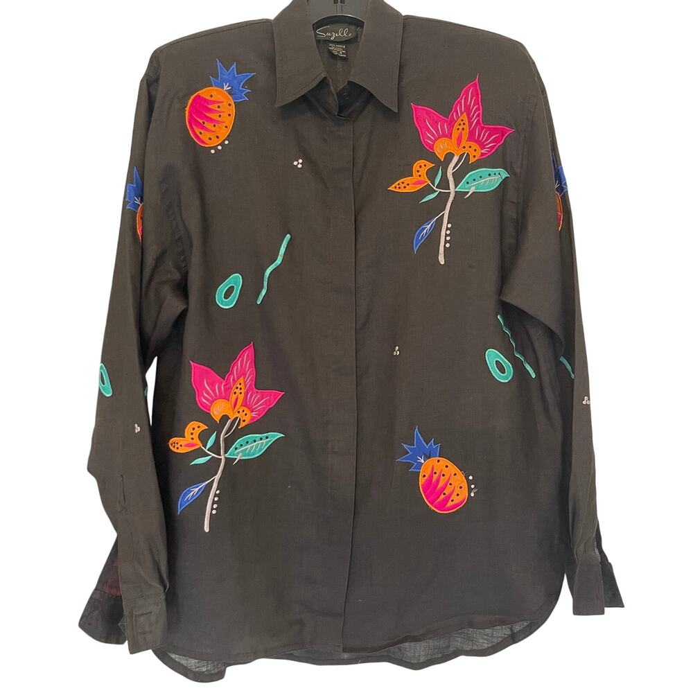 Suzelle Vintage Women's 100% Ramie Button Down Embroidery Floral Shirt Size 4